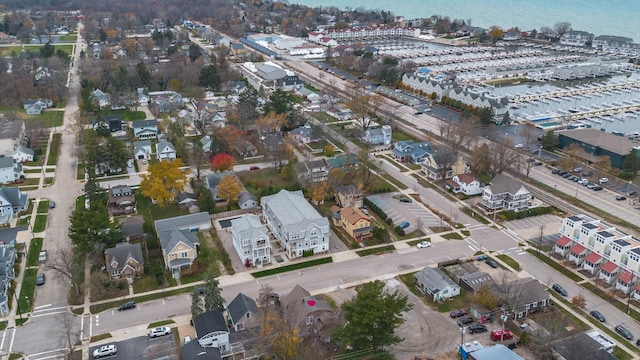 bird's eye view with a water view