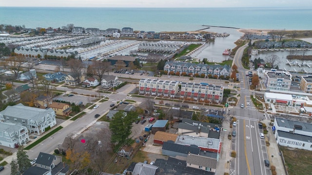 bird's eye view with a water view