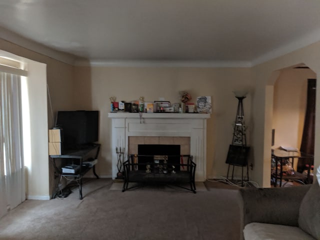 carpeted living room with a fireplace and ornamental molding