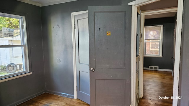 hallway featuring wood-type flooring and ornamental molding