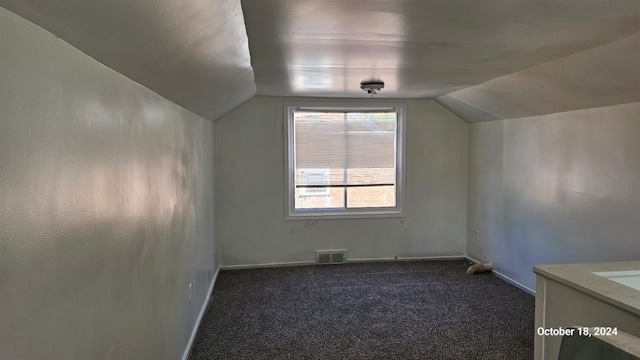 additional living space featuring dark colored carpet and lofted ceiling