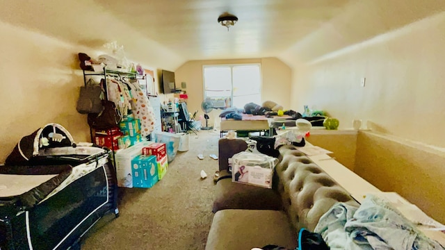 misc room featuring carpet floors and vaulted ceiling