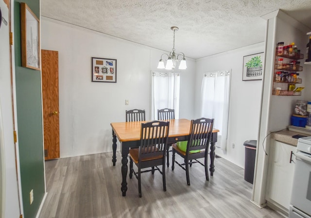 dining room with light hardwood / wood-style flooring, a textured ceiling, and an inviting chandelier