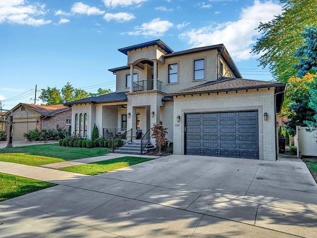 view of front of house featuring a garage, a balcony, and a front lawn