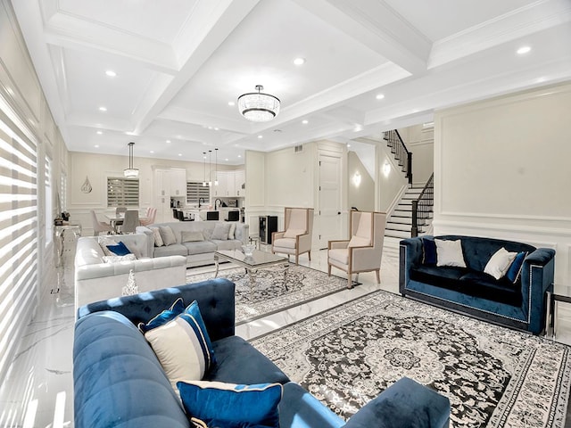 living room featuring beamed ceiling, crown molding, and coffered ceiling