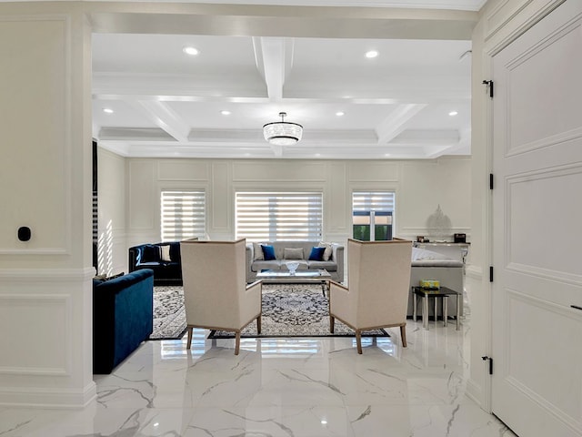 living room with beam ceiling and coffered ceiling