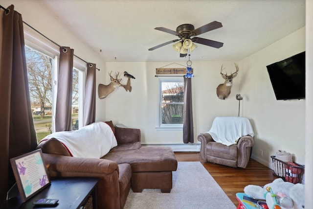 living room featuring hardwood / wood-style flooring, ceiling fan, and a baseboard heating unit