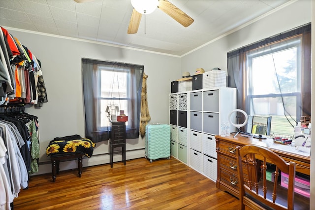 office featuring hardwood / wood-style floors, crown molding, and ceiling fan