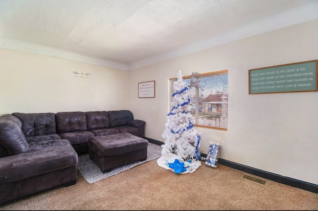 living room with carpet and a textured ceiling