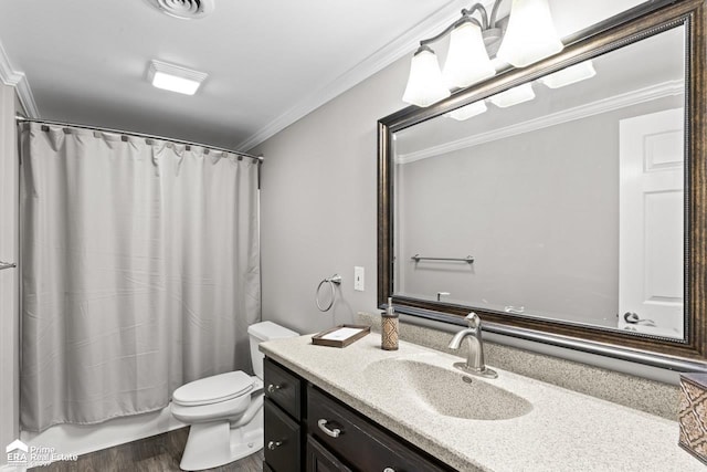 full bathroom with vanity, shower / bath combo, toilet, ornamental molding, and wood-type flooring