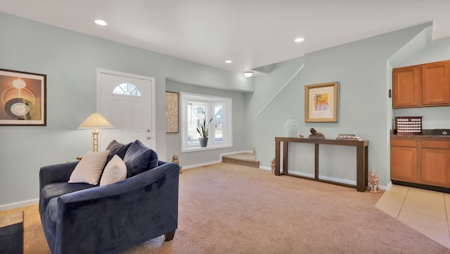 3105 Saint Clair Dr, Rochester Hills, MI 48309 - living room featuring light colored carpet, recessed lighting, and baseboards