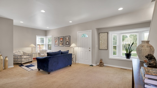 living room featuring light carpet