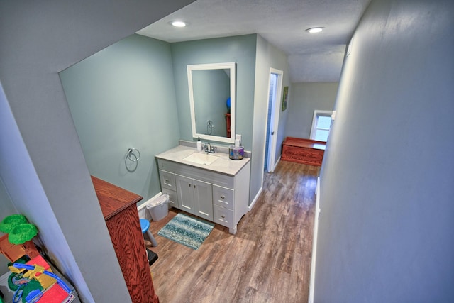 bathroom with wood-type flooring and vanity