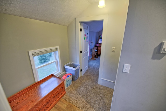 hall featuring lofted ceiling, carpet, and a textured ceiling