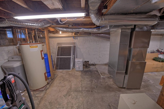 basement with heating unit and water heater