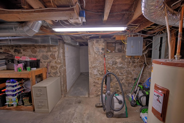 basement with electric panel and water heater