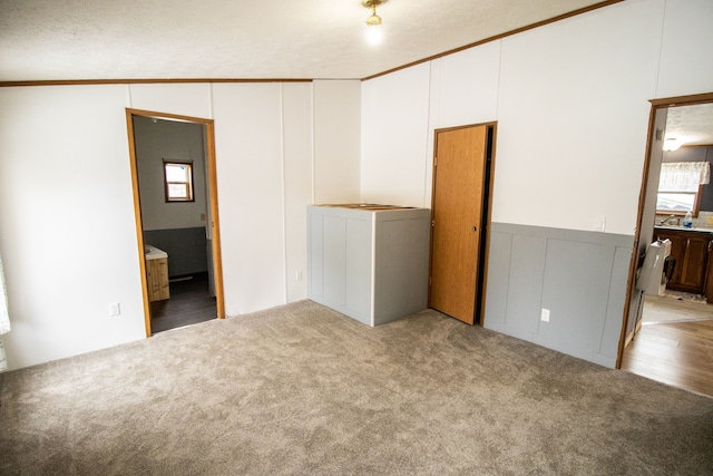 empty room featuring vaulted ceiling, light carpet, a textured ceiling, and crown molding