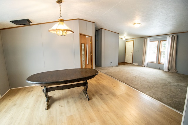 dining space featuring ornamental molding, light colored carpet, and a textured ceiling