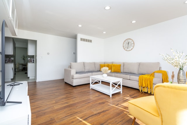 living room with dark hardwood / wood-style flooring