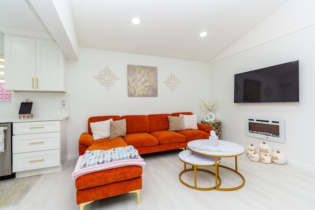 living room with light wood-type flooring and lofted ceiling