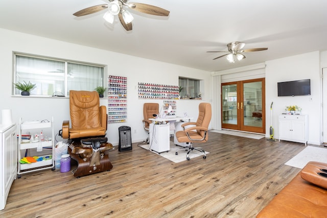 office space with wood-type flooring and french doors