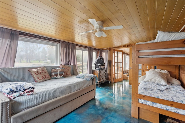 bedroom with ceiling fan, wood walls, and wooden ceiling