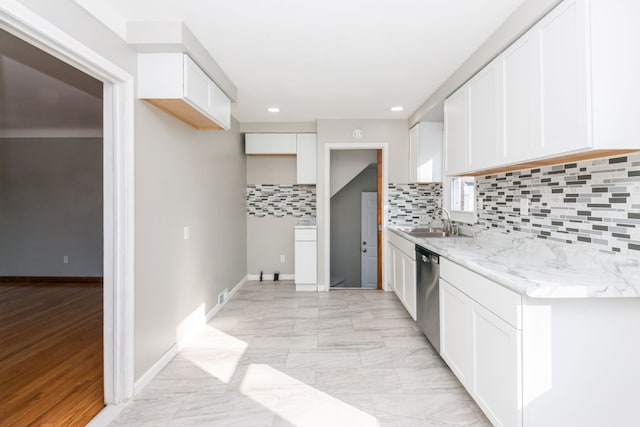 kitchen featuring white cabinetry, dishwasher, sink, and decorative backsplash