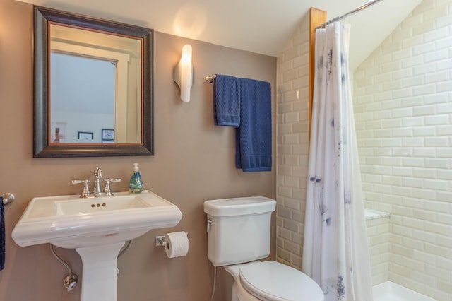 bathroom featuring lofted ceiling, toilet, and a shower with shower curtain