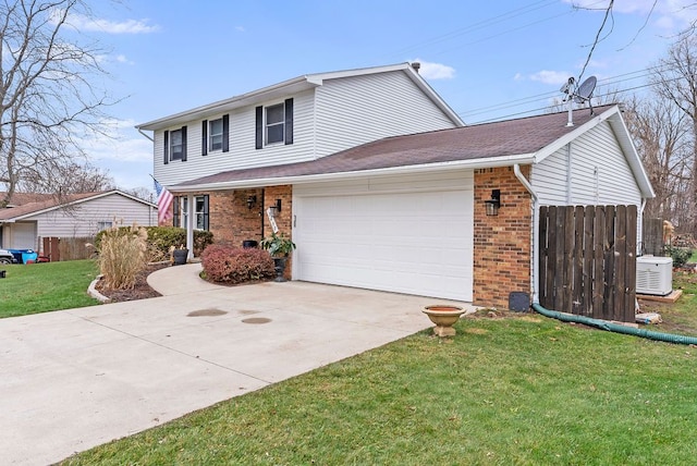 view of front of property with central AC unit, a garage, and a front lawn