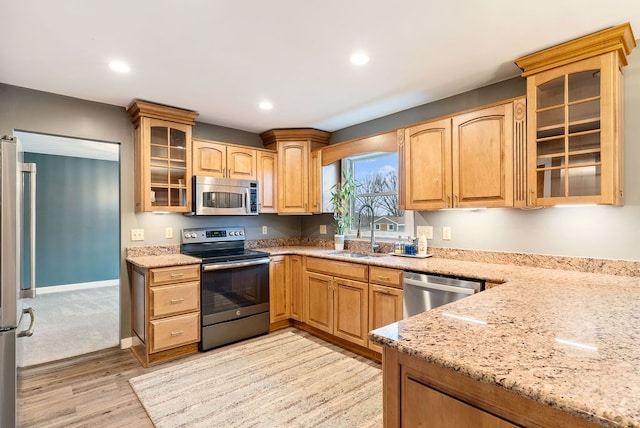 kitchen featuring light stone countertops, stainless steel appliances, light hardwood / wood-style flooring, and sink