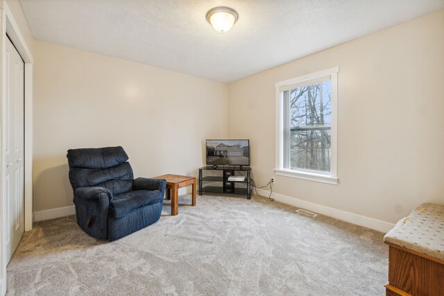 sitting room featuring light carpet