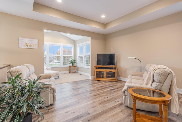 living room featuring light hardwood / wood-style floors and a raised ceiling