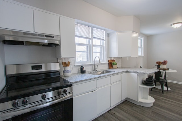 kitchen featuring stainless steel electric stove, white cabinets, sink, plenty of natural light, and kitchen peninsula