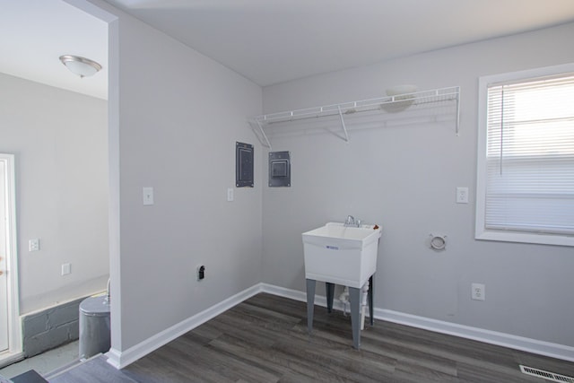 washroom featuring electric panel and dark wood-type flooring