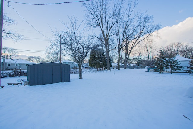 yard covered in snow with a storage unit