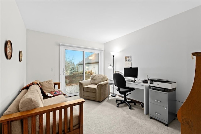 home office featuring light carpet