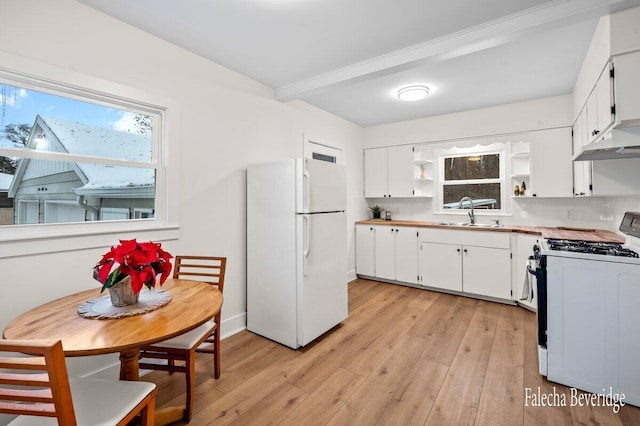 kitchen with backsplash, white appliances, sink, light hardwood / wood-style floors, and white cabinetry