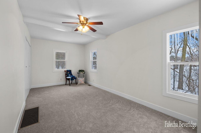 empty room with carpet, plenty of natural light, and ceiling fan