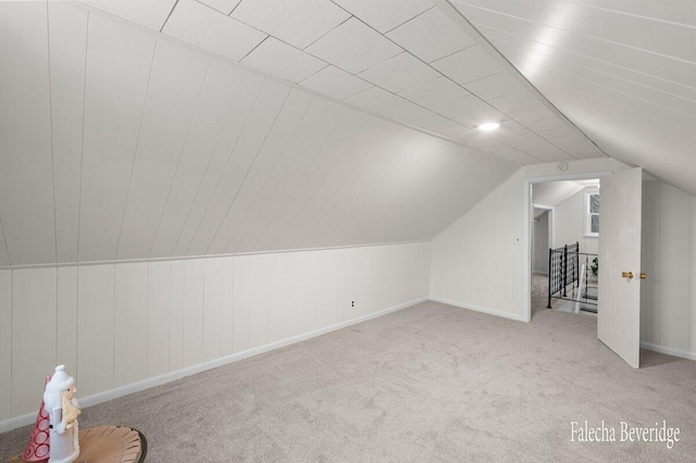 additional living space featuring light carpet and vaulted ceiling