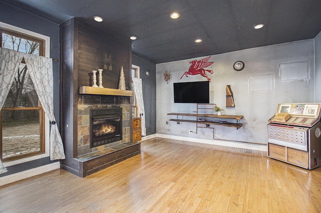 living room featuring hardwood / wood-style flooring and a stone fireplace