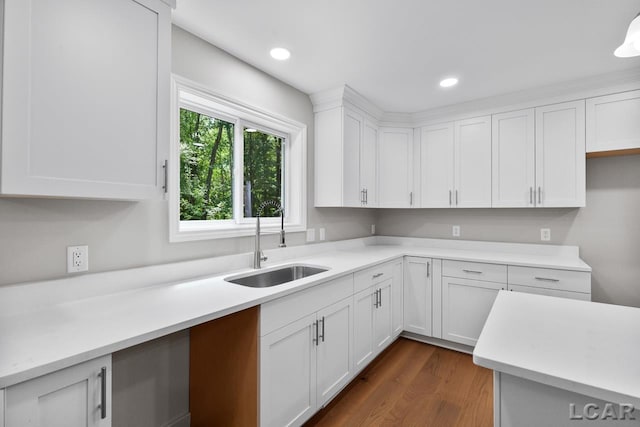 kitchen featuring white cabinets, dark wood-type flooring, and sink