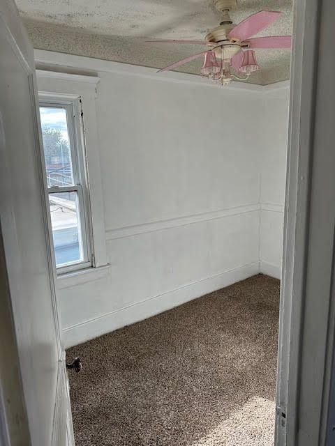 carpeted spare room with ceiling fan