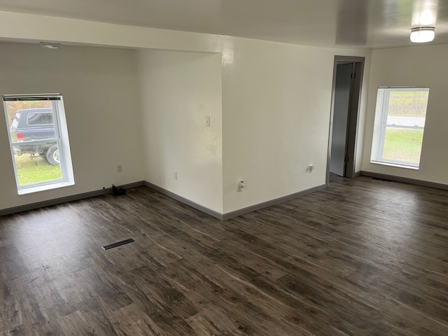 unfurnished room featuring a wealth of natural light and dark wood-type flooring