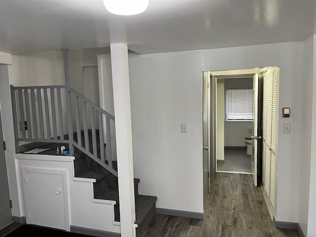 stairs with hardwood / wood-style floors