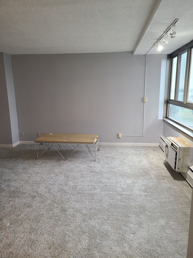 empty room with rail lighting, light colored carpet, and a textured ceiling