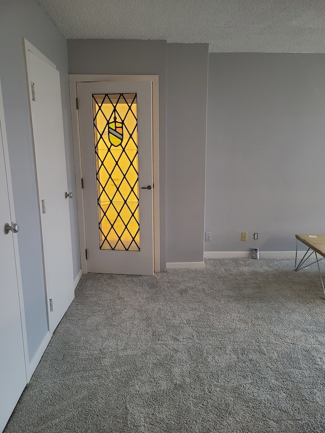 interior space with carpet flooring and a textured ceiling