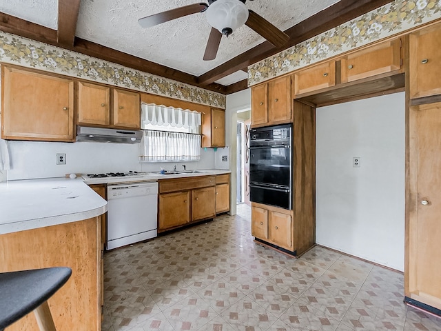 kitchen featuring beam ceiling, white appliances, a textured ceiling, and ceiling fan