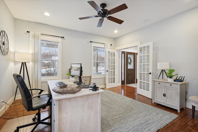 office area with dark hardwood / wood-style flooring, ceiling fan, and french doors