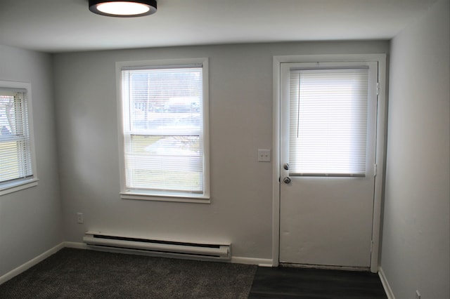 doorway to outside with a healthy amount of sunlight, dark wood-type flooring, and a baseboard radiator