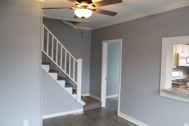 staircase with ceiling fan and wood-type flooring